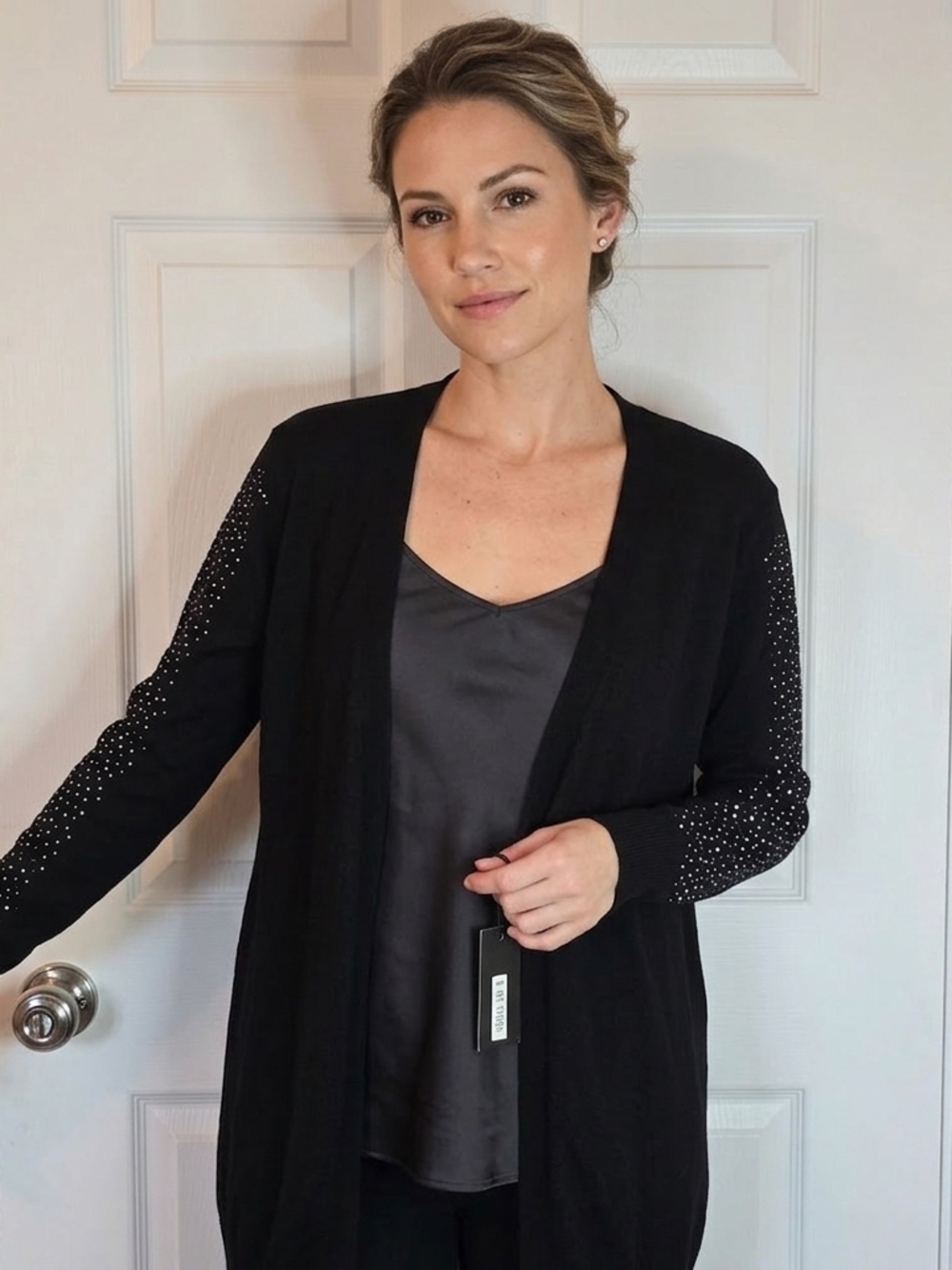 My Story Black Open Cardigan with Sleeve Rhinestones
